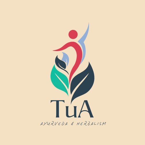 TuA Ayurveda logo: two opposing leaves with a person rising up between them like a flower, with open arms