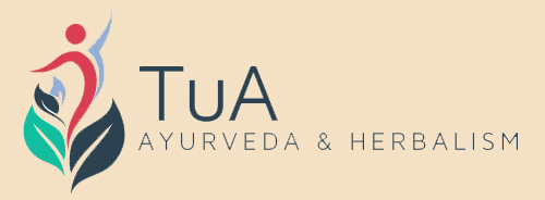 TuA Ayurveda logo: two opposing leaves with a person rising up between them like a flower, with open arms