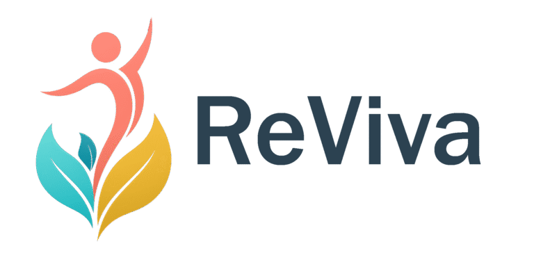 Logo de Reviva, avec une personne qui s'élance vers le haut, des feuilles à ses pieds