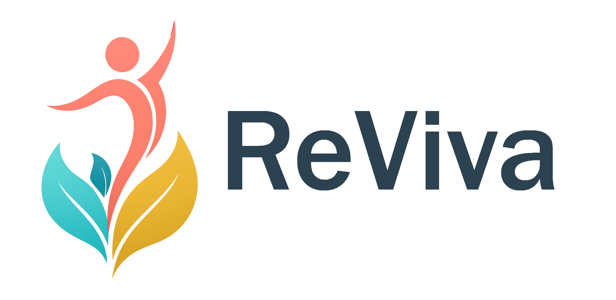 Logo de Reviva, avec une personne qui s'élance vers le haut, des feuilles à ses pieds