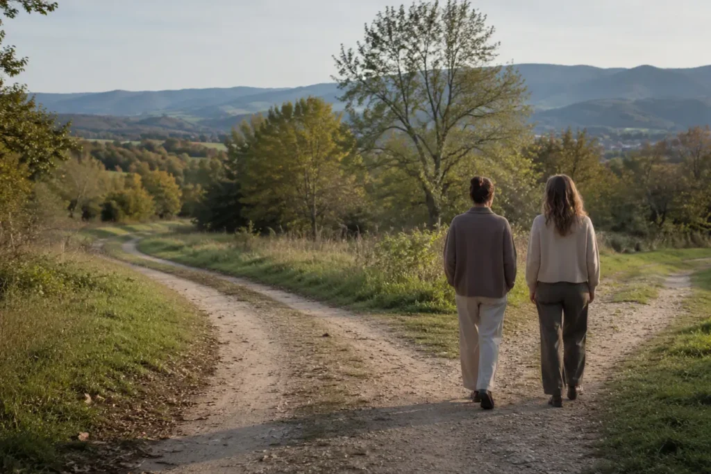 Deux femmes arrivent à un carrefour de deux sentiers. Le paysage du Couserans au fond.